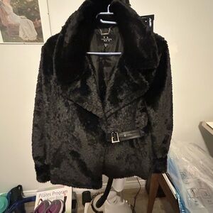 Collusion Black Faux Fur Teddy Coat with Belt